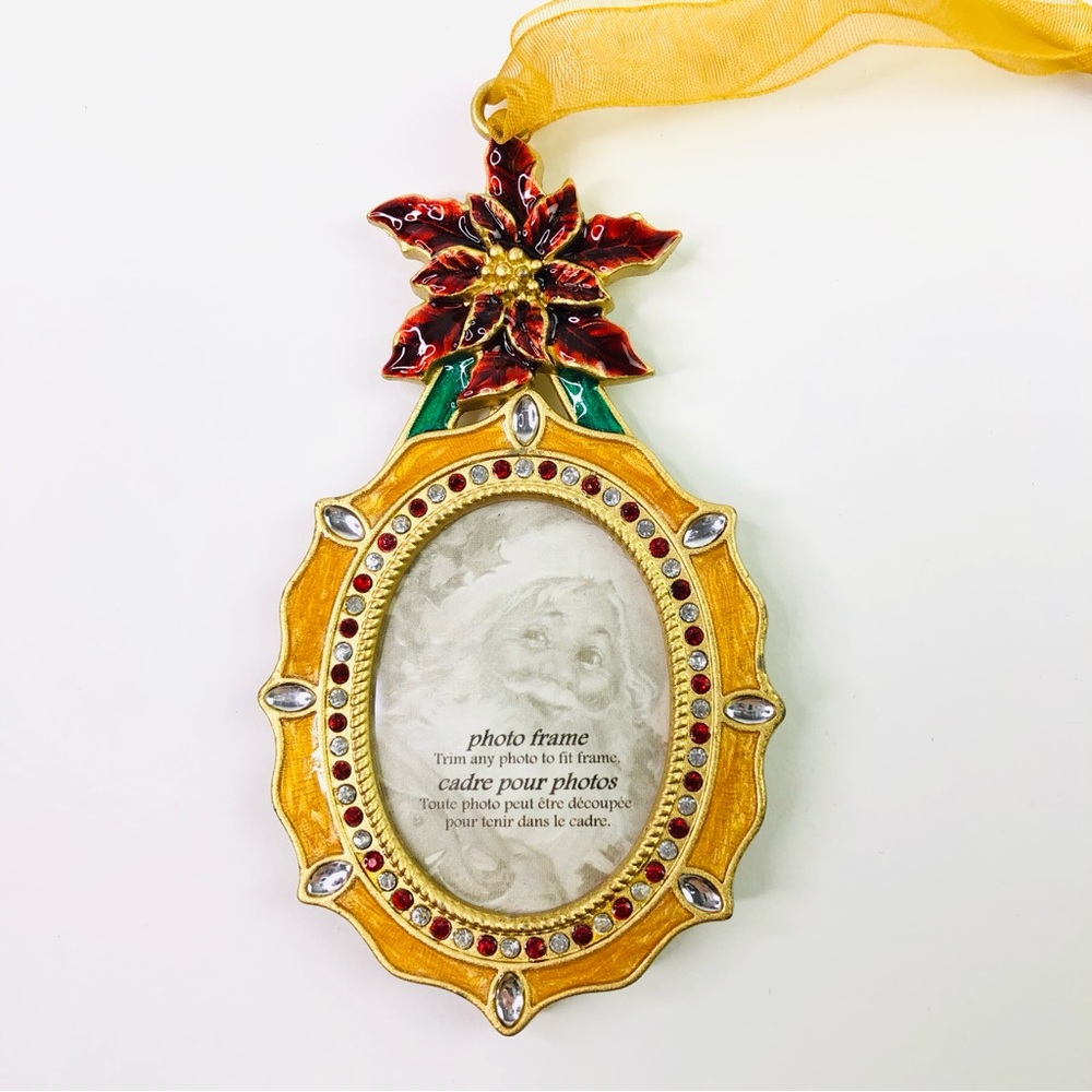 Poinsettia Crystal Christmas Holiday Picture Frame Mini Oval Ornament 1990s